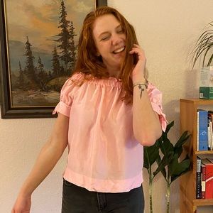 Pink silk J. Crew blouse with a bow